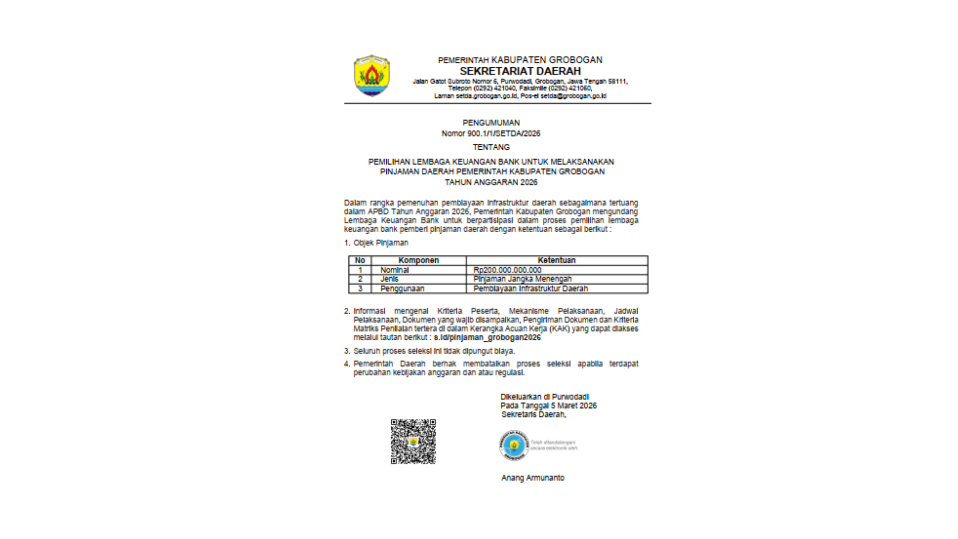 PENGUMUMAN PEMILIHAN LEMBAGA KEUANGAN BANK UNTUK MELAKSANAKAN PINJAMAN DAERAH PEMERINTAH KABUPATEN GROBOGAN TAHUN ANGGARAN 2026